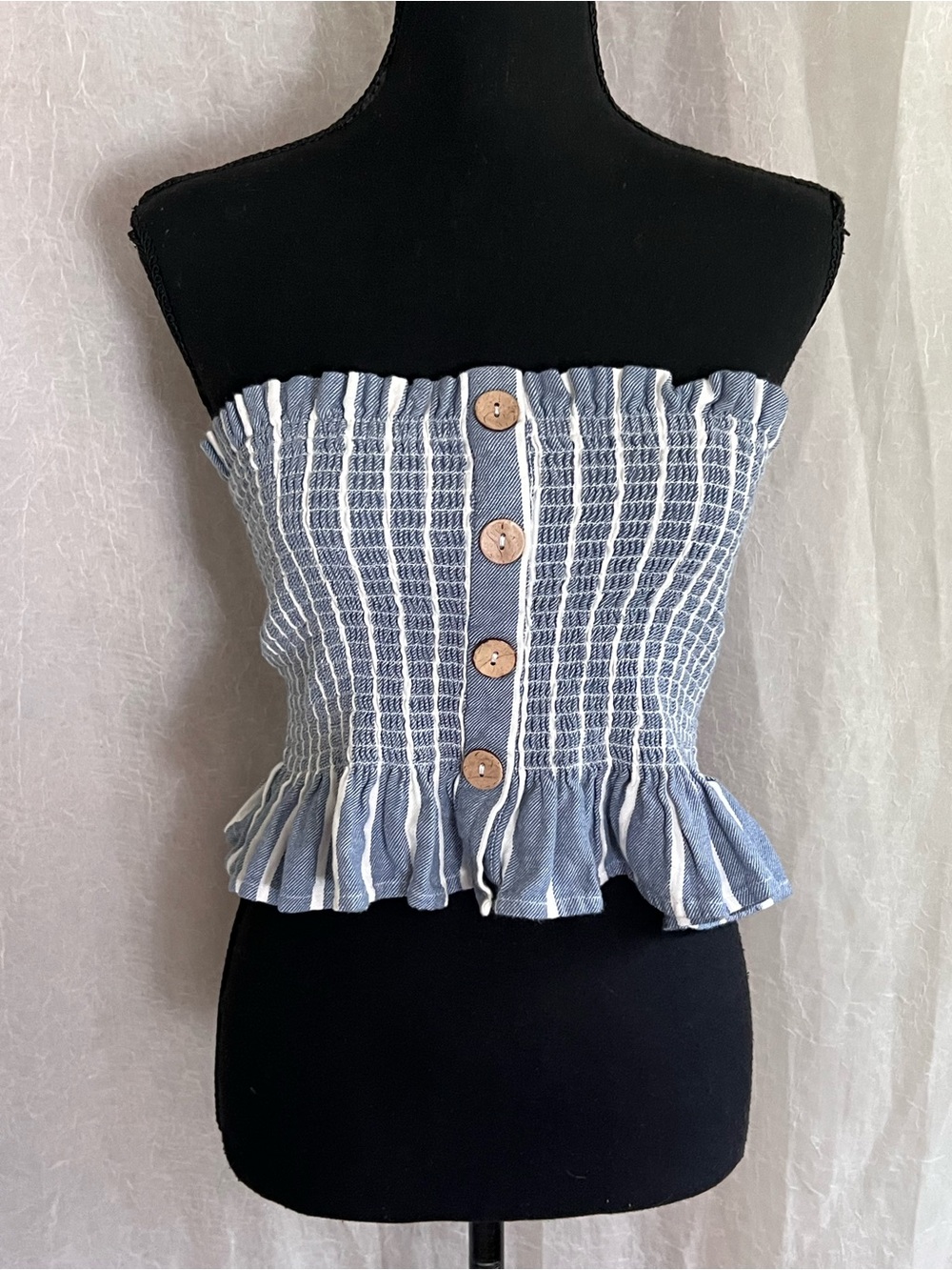 Smocked Strapless Blue and White Ruffle crop top with decorative buttons